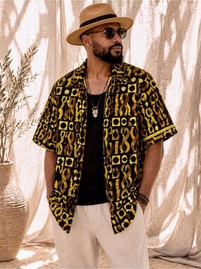 Vintage African Wax Print Open Front Shirt Unisex Oversized XL Cotton